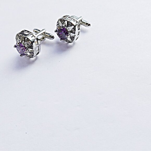 Purple Crystal Silver Cufflinks - Picture 2 of 2